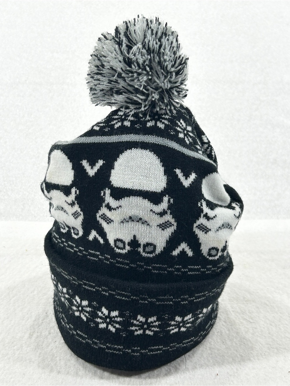 Star Wars Stormtrooper Fair Isle Pom Pom Knit Beanie Hat Black Gray OSFM